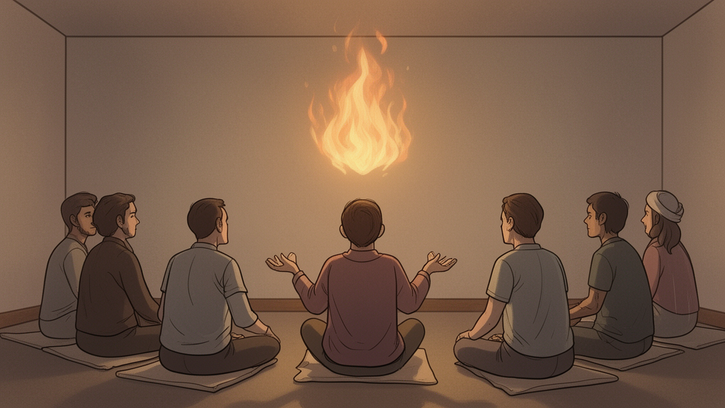 A small group in a simple prayer room, one person with open hands in a receptive posture, with soft light above the scene.
