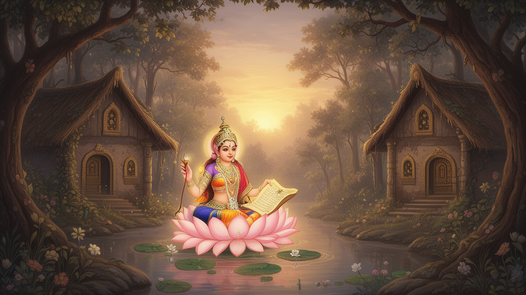 Illustration of a goddess seated on a lotus in a quiet forest hermitage at dawn, with an open palm-leaf manuscript before her.
