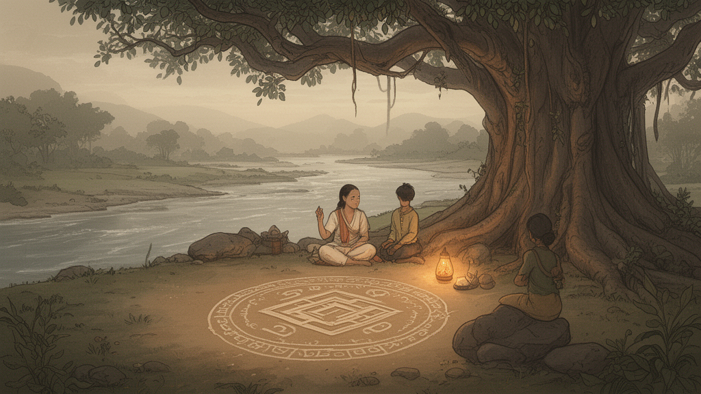 Illustration of a teacher and student seated beneath a banyan tree by a river, with a sand-drawn yantra between them.
