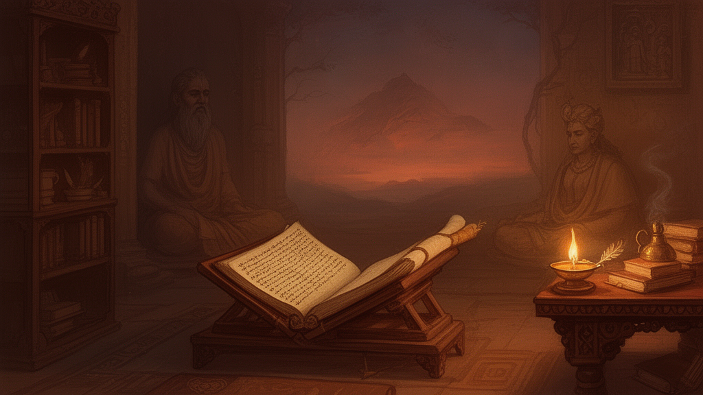 An illustrated scene of a sage's study with an open palm-leaf manuscript, an oil lamp, and a seated figure in the background, evoking the textual study of sutras.