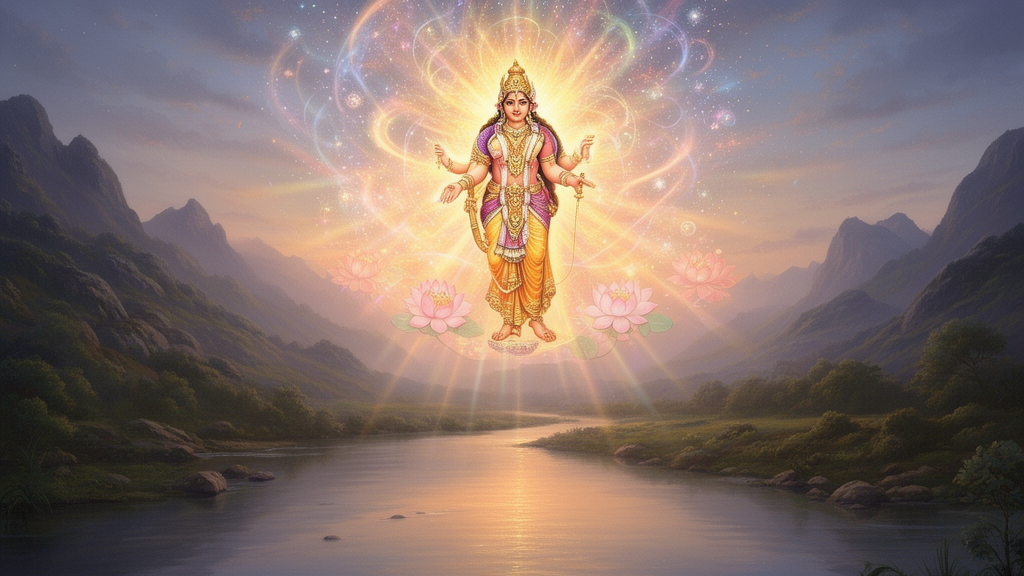 An illustrated dawn landscape with a radiant figure representing Shakti above a river valley and lotus motifs, suggesting the devotional and philosophical theme of Shakti.