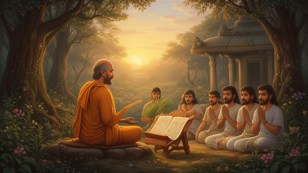 Illustration of a seated teacher in ochre robes instructing students beside an open manuscript in a forest hermitage at dawn.