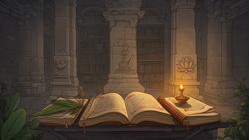 Illustration of open palm-leaf manuscripts, a lamp, and carved lotus pillars in a quiet stone courtyard.