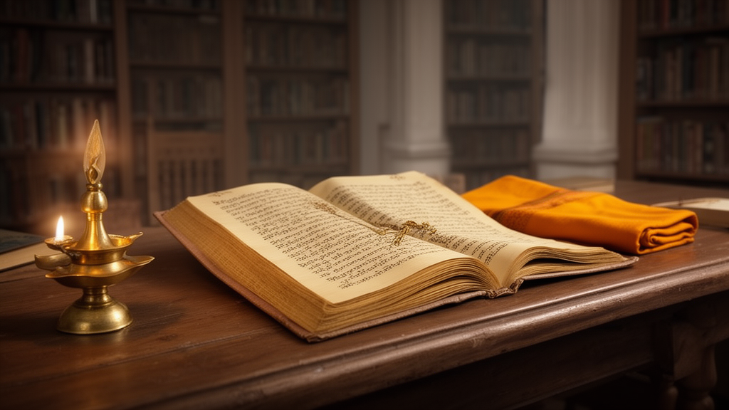 An open palm-leaf manuscript on a wooden table in a quiet library, lit by a brass oil lamp beside a folded saffron cloth.