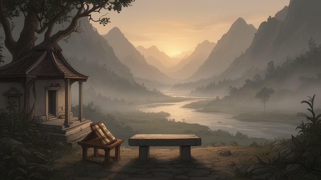 A stone seat and a stack of manuscripts at a mountain hermitage overlooking a misty river valley at dawn.