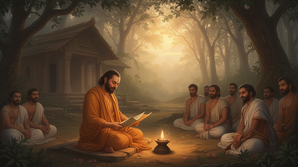 A seated teacher in ochre robes reads from a palm-leaf manuscript while students listen in a forest hermitage at dawn.