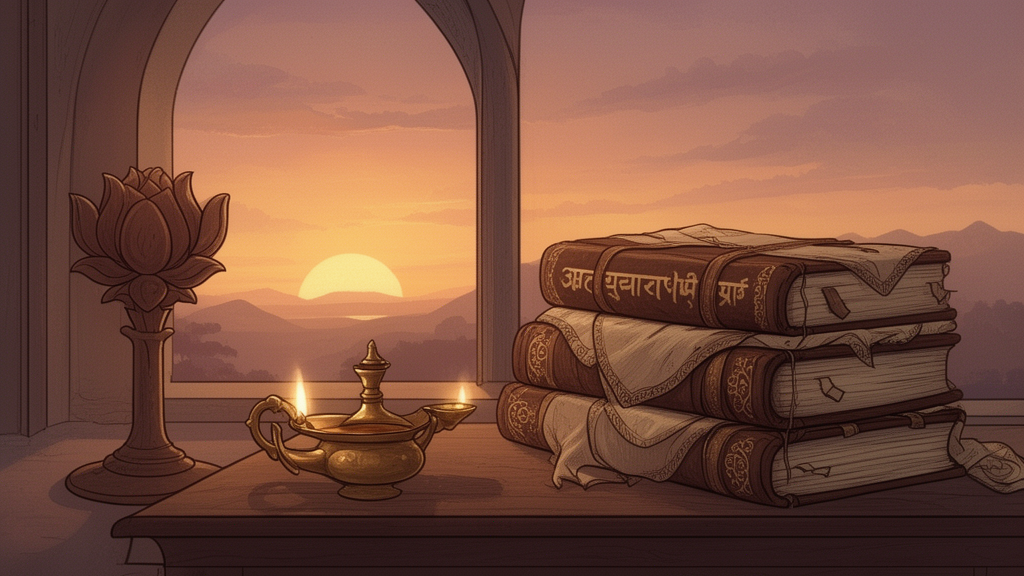 A stack of wrapped Sanskrit scriptures, a brass oil lamp, and a lotus carving sit on a wooden stand beside a sunlit window.