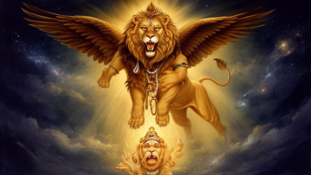Painted illustration of Lord Shiva in his Sharabha form, a fierce lion, eagle and human composite, above a Narasimha figure in a dark sky.