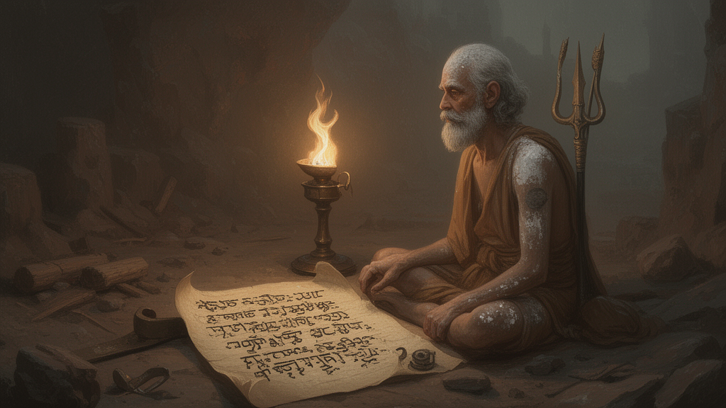Illustration of a sage beside a lamp and an open palm-leaf manuscript with a trident nearby, suggesting a quiet scriptural study setting.