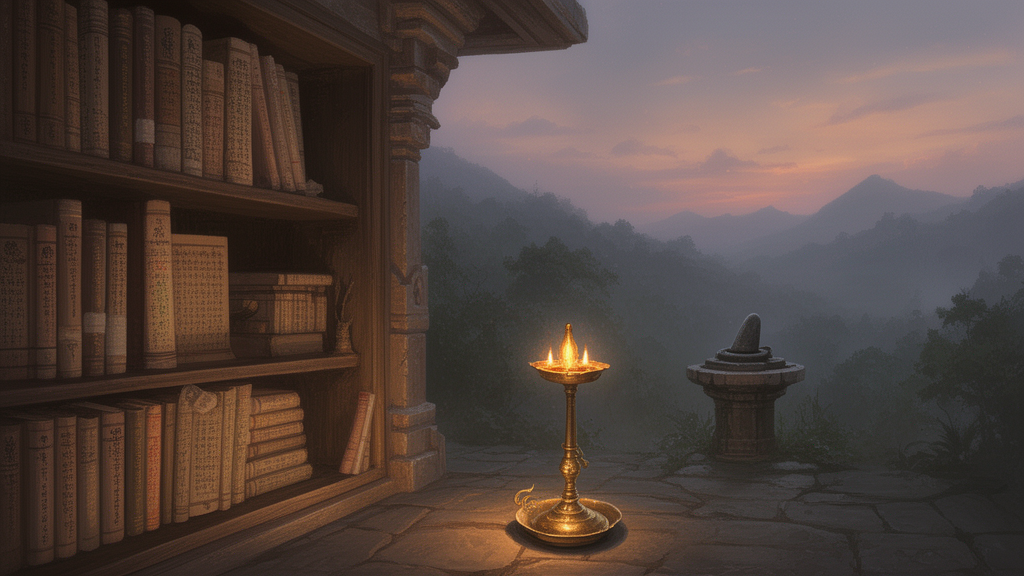 Quiet Shaiva temple library at dusk with manuscripts on shelves, a brass lamp, and a lingam on a stone pedestal.