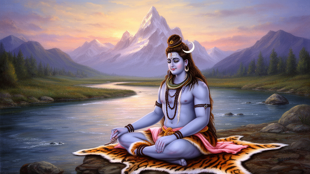 Lord Shiva in meditation beside a river at dawn, with crescent moon, rudraksha beads, and distant mountains.