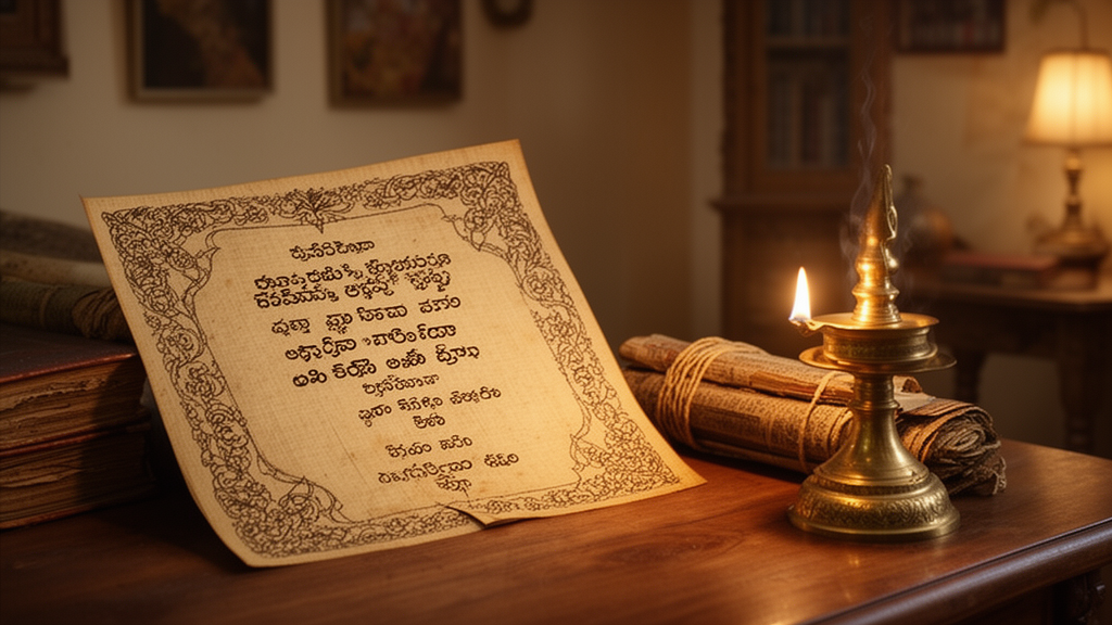 An open traditional manuscript and brass oil lamp on a study table, suggesting Telugu-language reading of ancient Hindu texts.