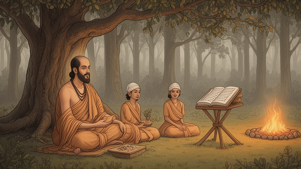 A Vedic teacher and two students studying a manuscript beneath a banyan tree in a quiet forest setting.