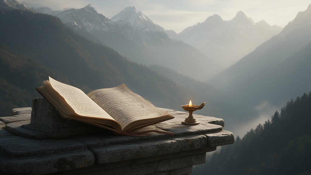 Open manuscript on a stone shrine ledge beside a small oil lamp in a quiet hillside setting, illustrating the study of a Sanskrit text.
