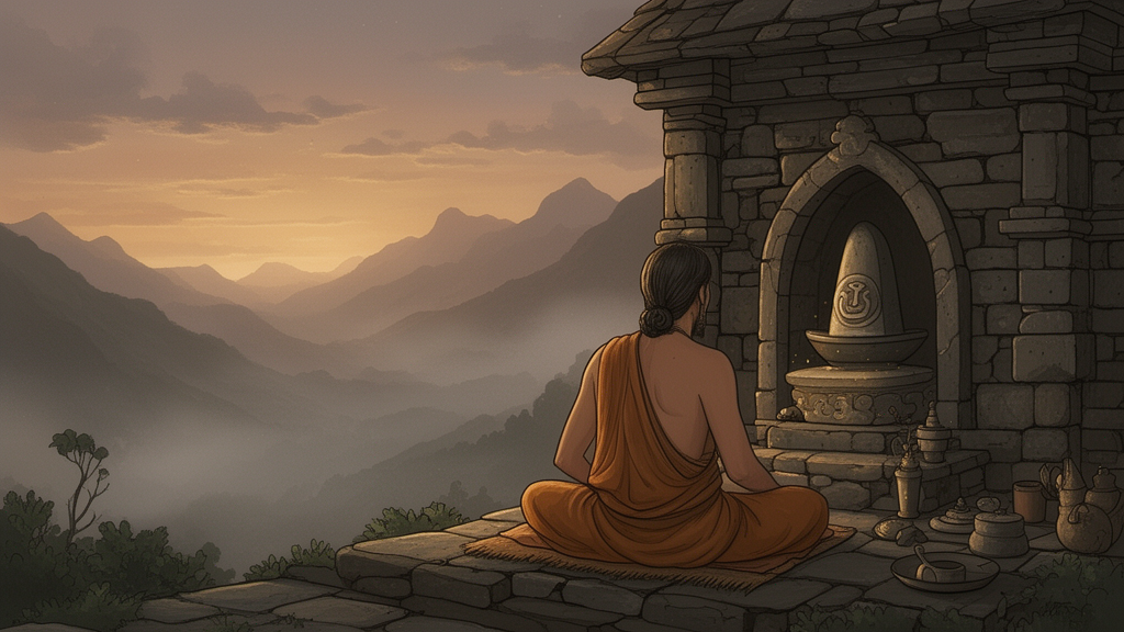 A seated sage in a stone hermitage at dusk near a carved Shiva lingam niche, with mountains in the distance.