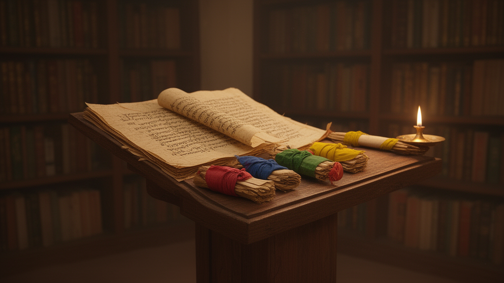 Open palm-leaf manuscript bundles on a wooden lectern in a quiet library, suggesting a collection of Vedic texts.