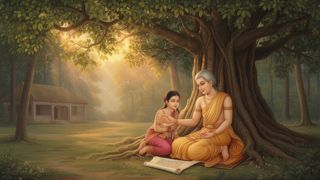 A teacher and student sit beneath a banyan tree in a forest hermitage while the teacher gestures toward an open scroll.
