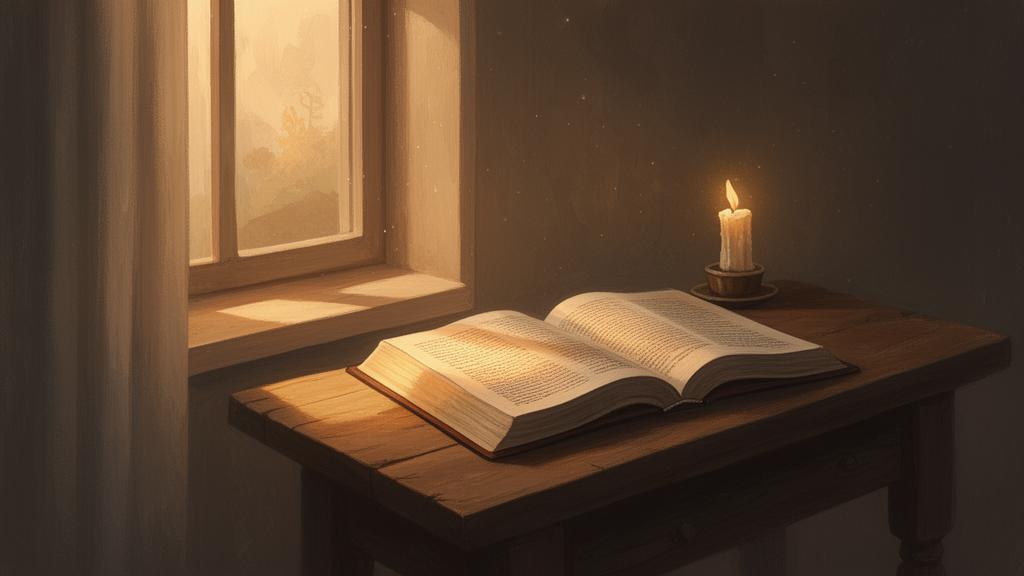 An open Bible on a wooden table beside a candle, lit by warm window light, representing Scripture study.