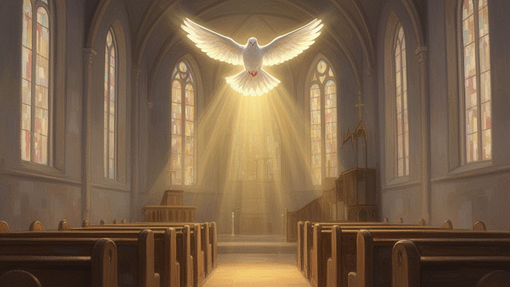 A dove of light descending over the empty pews of a church interior, representing the Holy Spirit in Christian worship.