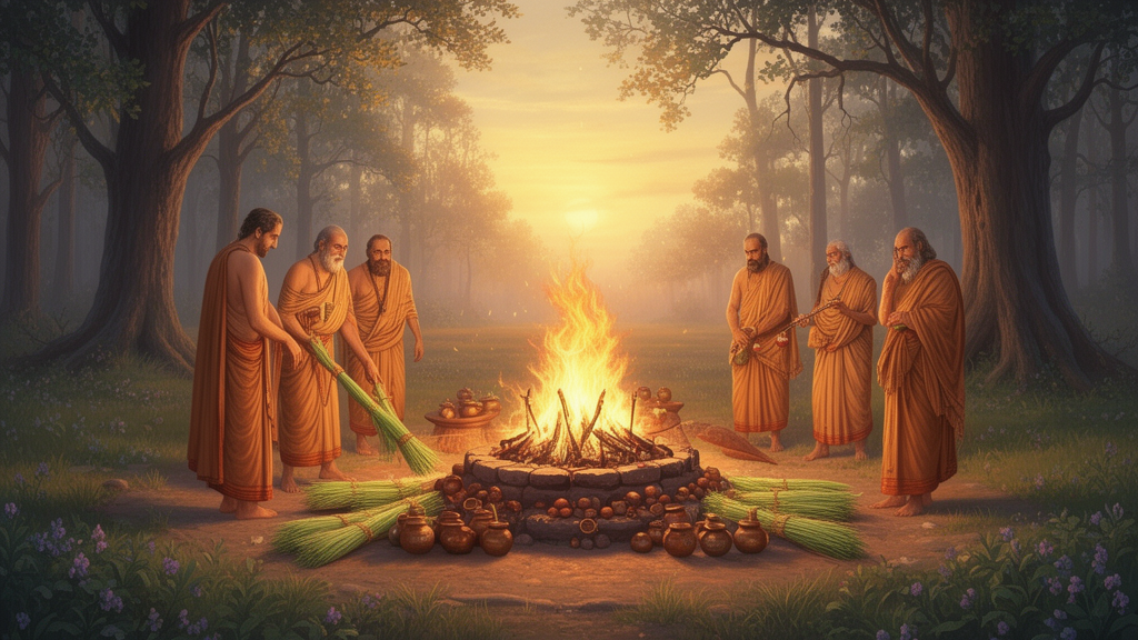 Priests tending a sacred fire on an altar at dawn in an open clearing, illustrating the Vedic sacrificial setting associated with srauta ritual manuals.