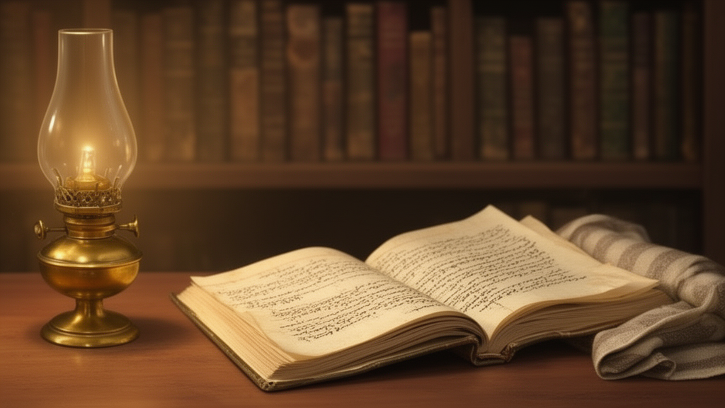 An open ancient manuscript beside an oil lamp on a wooden desk, representing the manuscript transmission and study of srauta sutra texts.
