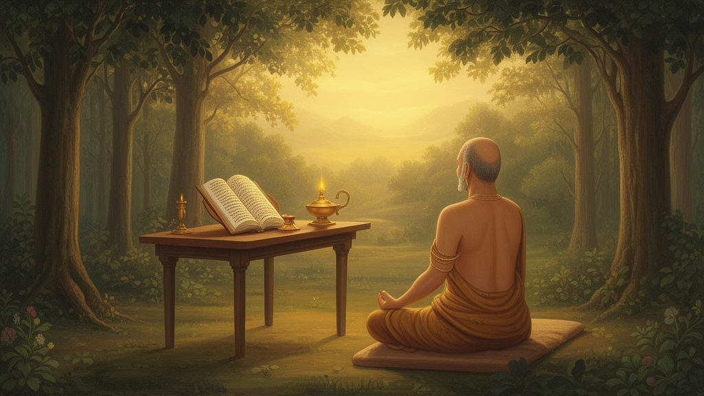 Painted scene of a sage in a forest hermitage at dawn beside an open palm-leaf manuscript and a brass lamp, illustrating the study of an ancient Sanskrit scripture.