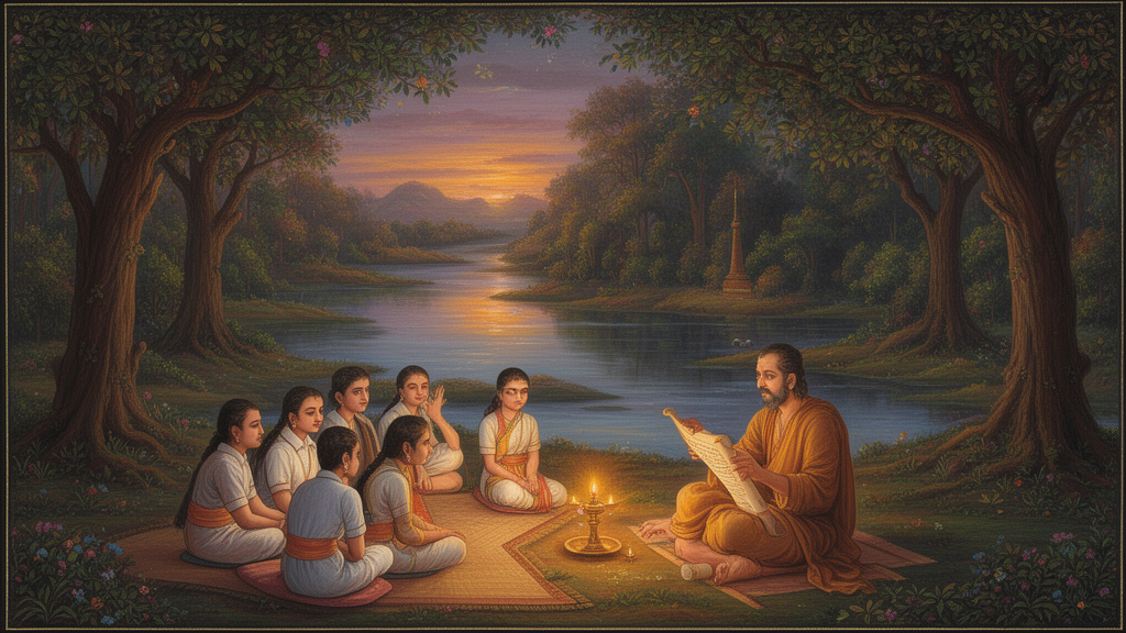 Painted scene of students seated by a river at dusk listening to a teacher read from a scroll, illustrating traditional study of the Upanishads.
