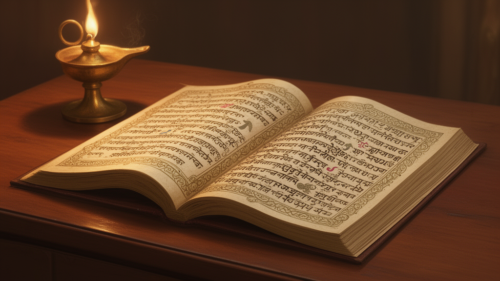 An open scripture manuscript and a lit brass oil lamp on a wooden desk, suggesting study of sacred texts.