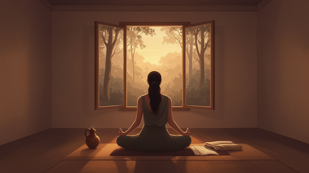 A seated meditator in a simple ashram room with a window opening onto a dawn forest.