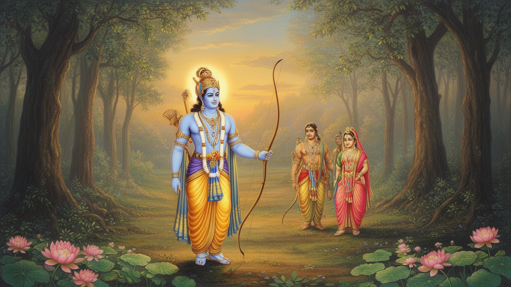 Painted illustration of Lord Rama with bow in a dawn forest clearing, accompanied by Sita and Lakshmana, with lotus flowers in the foreground.
