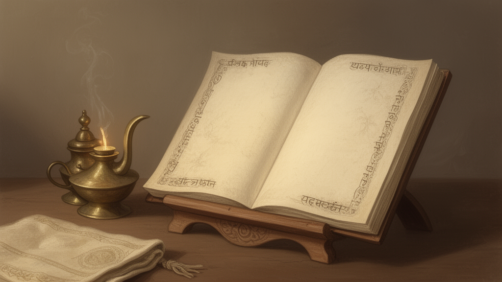Illustration of an open manuscript on a wooden stand beside a brass oil lamp, suggesting the study of a Sanskrit devotional text.
