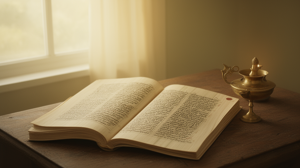 Illustrated open palm-leaf manuscript beside a brass oil lamp on a wooden desk, suggesting the study of Upanishad texts.