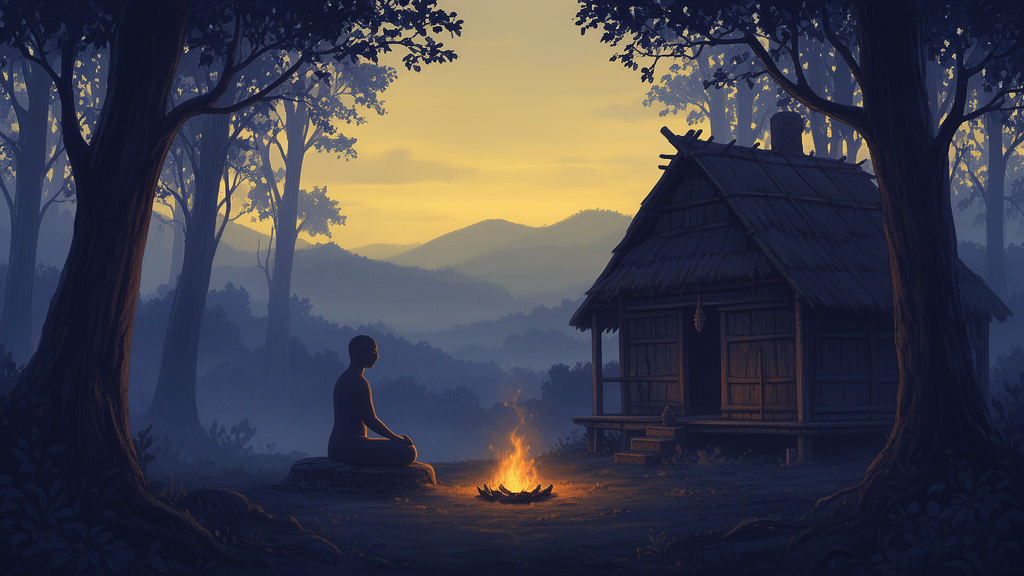 Illustrated forest hermitage at dawn with a meditating sage silhouetted before a sacred fire, suggesting contemplative Vedanta traditions.