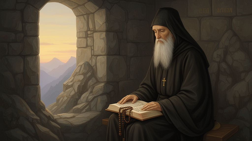 A bearded Orthodox monk in dark monastic dress sits quietly in a stone cell at dawn, with an open manuscript and a prayer rope beside him, illustrating the inner prayer practice associated with St Nicodemus of the Holy Mountain.