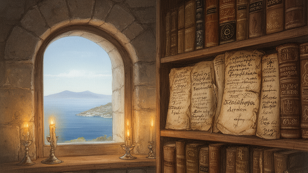 A monastery library shelf holding old Greek religious books beside an arched window overlooking the sea, suggesting the textual work of translating and editing patristic writings.
