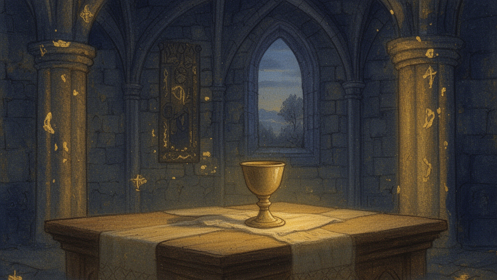 Medieval-style illustration of a stone hall with a plain vessel resting on a cloth-covered table in soft golden light.