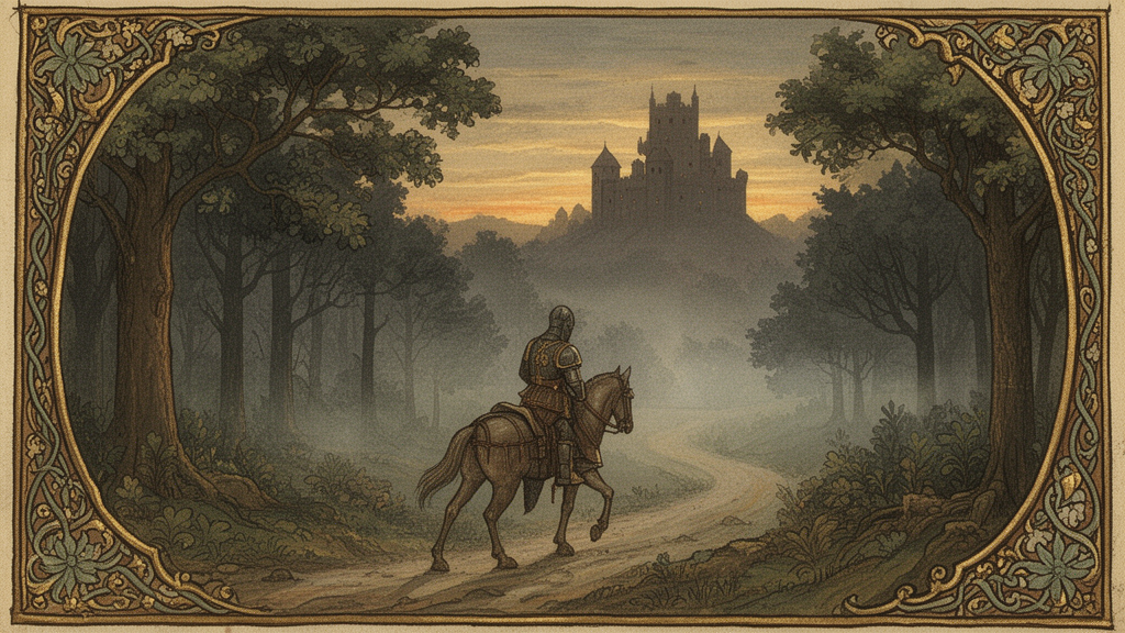 Medieval-style illustration of a knight riding through a misty forest toward a distant castle at dawn.
