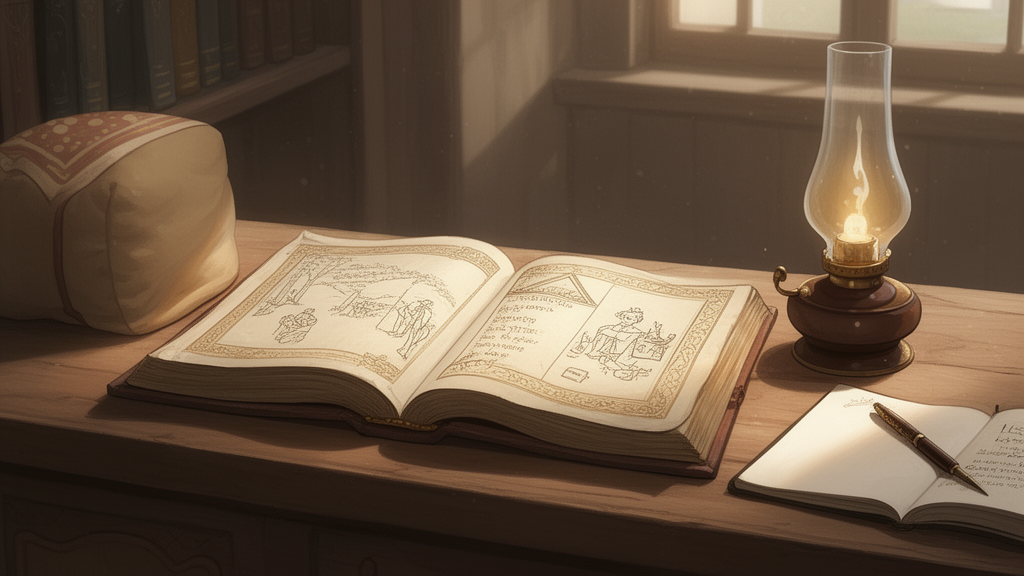 An open, blank-paged sacred book on a wooden table beside a lit oil lamp and a notebook, suggesting careful study of scripture.
