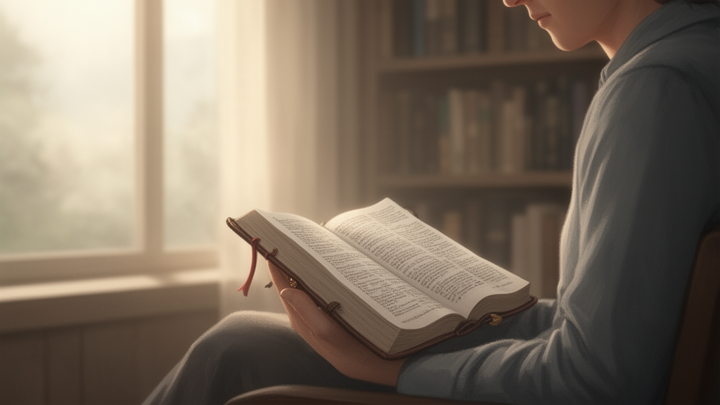 A person reading a bound book by a sunlit window in a quiet room, with shelves of books softly blurred behind them.