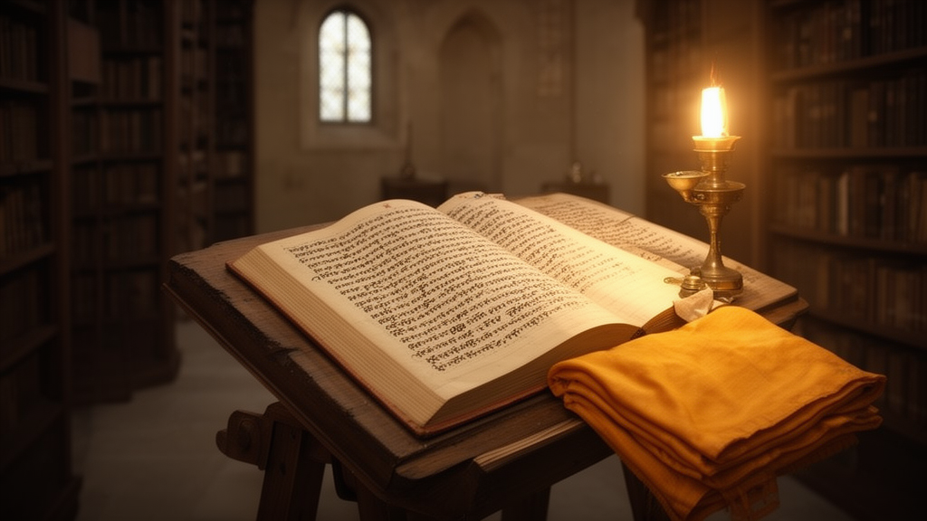 An open palm-leaf manuscript resting on a wooden lectern in a quiet library, lit by a lamp, representing the written transmission of Buddhist sutras.