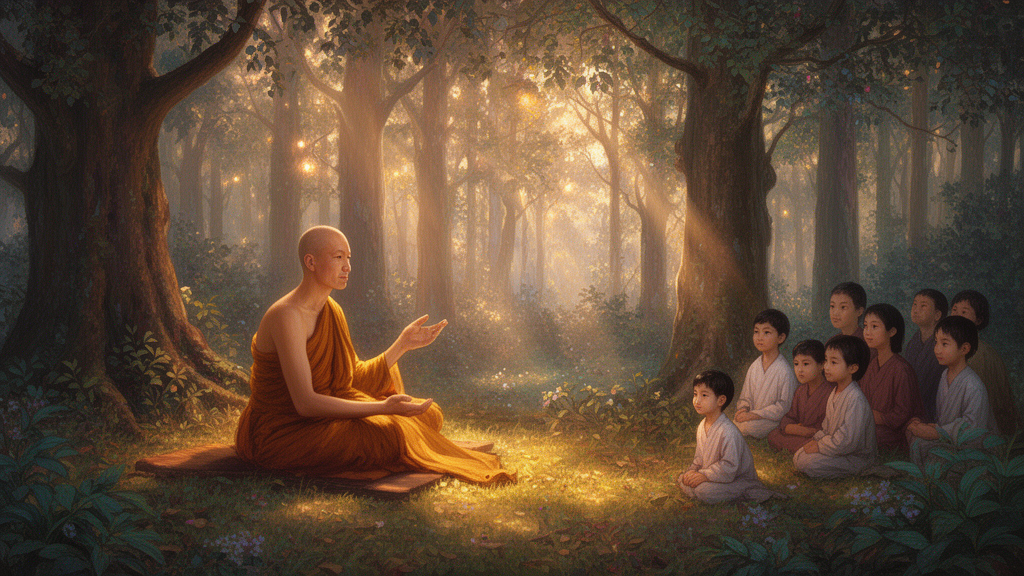 A monk in saffron robes teaching a small group of listeners in a forest grove at dawn, illustrating the oral setting often associated with sutra teachings.