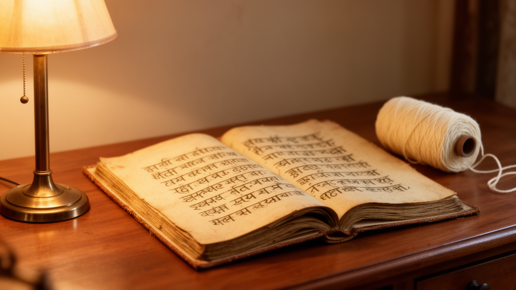 Open palm-leaf manuscript on a wooden desk beside a lamp and a spool of thread, suggesting a compressed text held together by a thread.