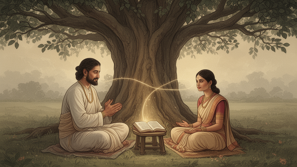 A teacher and student sit under a banyan tree with an open book, representing oral transmission and commentary in sutra study.