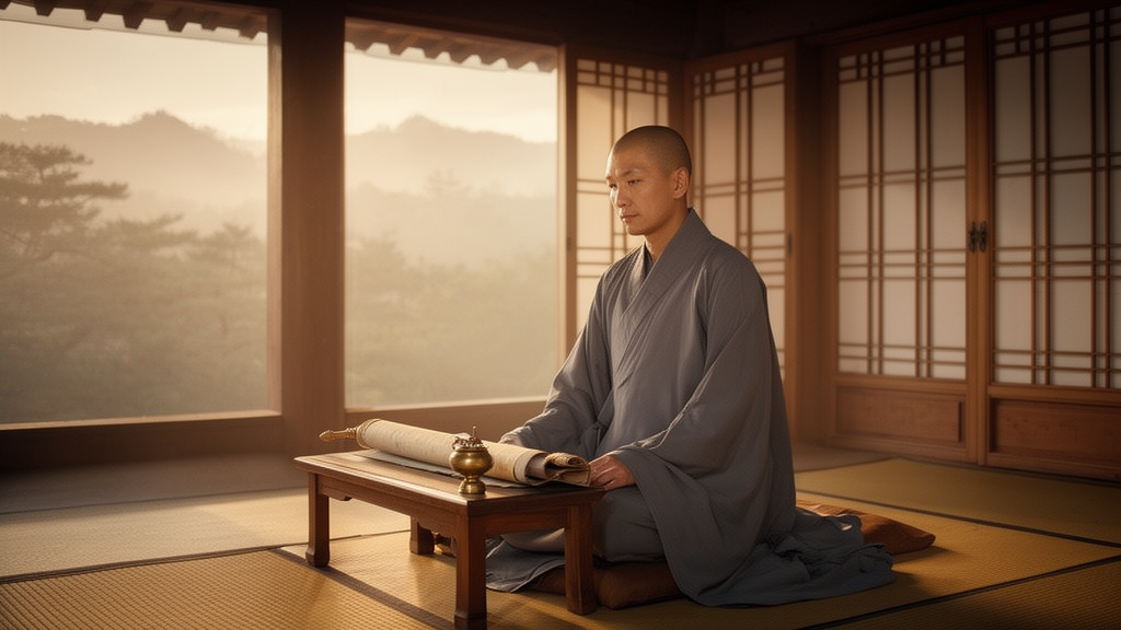 A seated monk meditating in a quiet Korean hall at dawn, with an open scroll and an incense burner on a low wooden table.