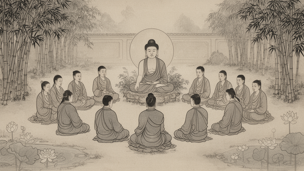 A courtyard scene with a Buddha figure and twelve seated bodhisattvas beside a lotus pond, drawn in a muted ink-wash style.