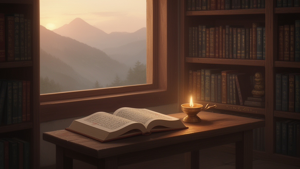 An open Buddhist scripture and a lit butter lamp on a wooden table in a quiet monastery library at dawn.