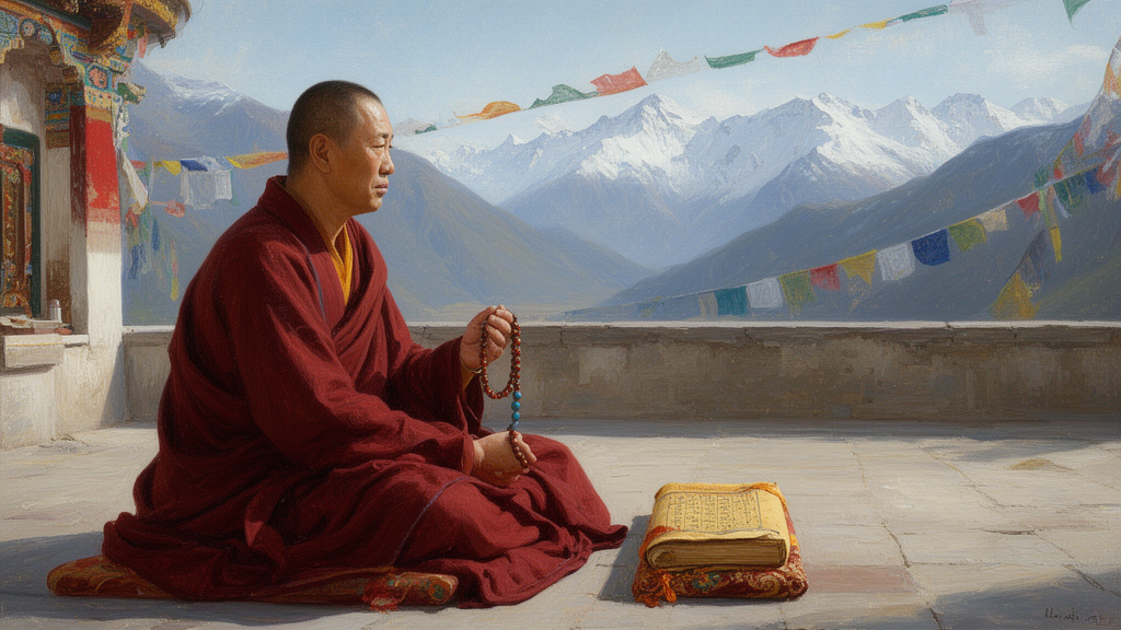 A seated Tibetan Buddhist practitioner with a mala and a wrapped scripture in a mountain courtyard hung with prayer flags.