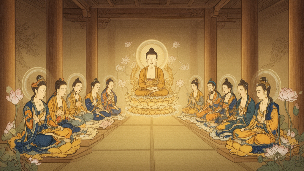 Illustration of a seated Buddha in meditation at the center of an assembly of twelve bodhisattvas in a quiet temple hall, rendered in traditional East Asian Buddhist style.