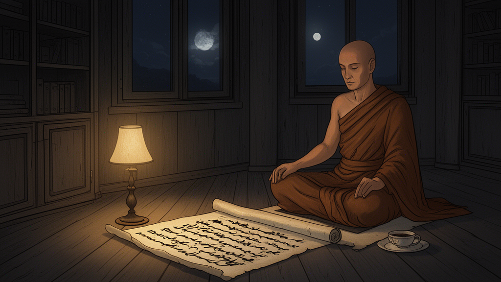 Illustration of a monk meditating beside an open scroll in a dim study room, with a moon seen through a window.
