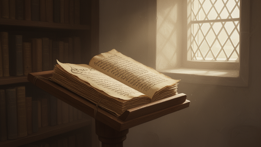 An open bundle of palm-leaf manuscripts on a wooden lectern in a quiet library, lit by soft morning light through a window.